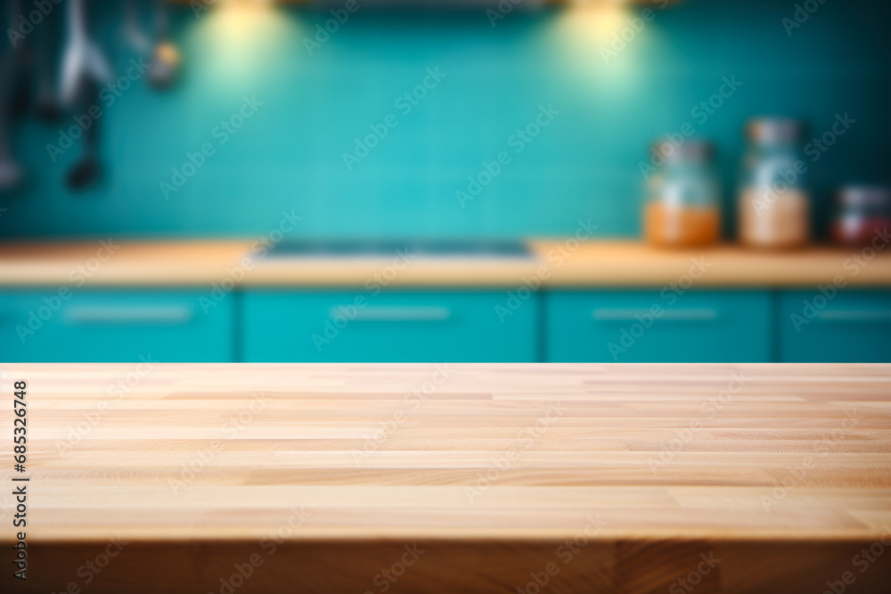 Direct view of a wooden kitchen countertop against a blurred view of the interior. Direct view of a wooden kitchen countertop against a blurred view of the interior.