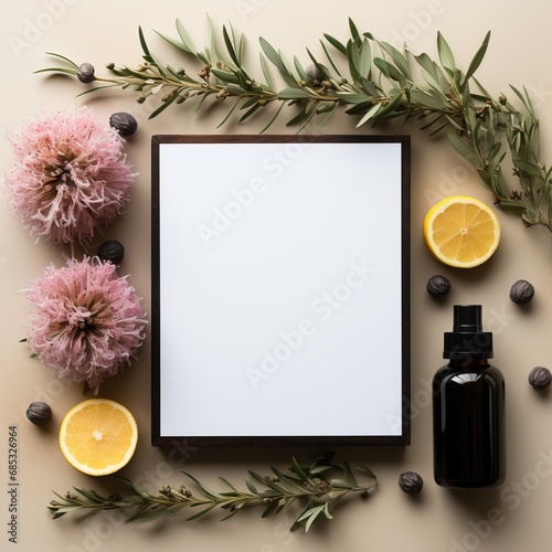 bottle for essential oils, a dark glass container for liquid. Frame with place for text. Concept: sophistication and lightness, banner, packaging mockup with copy space.