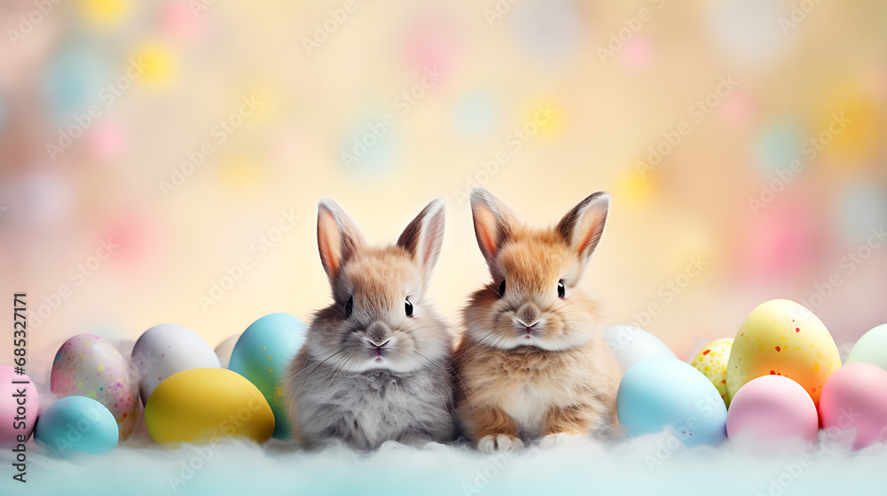 Zwei kleine Hasen sitzen zwischen bunten Ostereiern, Osterhase, Ostern ...