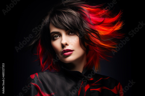 Glamorous portrait of a woman with black hair with red strands on a black background.