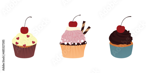Cute cupcake with cherry set. Flat cartoon design. Vector illustration on white background