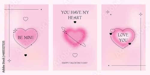 Set of modern posters with Valentine's Day. Trendy gradients, blurred shapes, typography, y2k. Social media stories templates. Vector illustrations for mobile apps, banner, greeting card