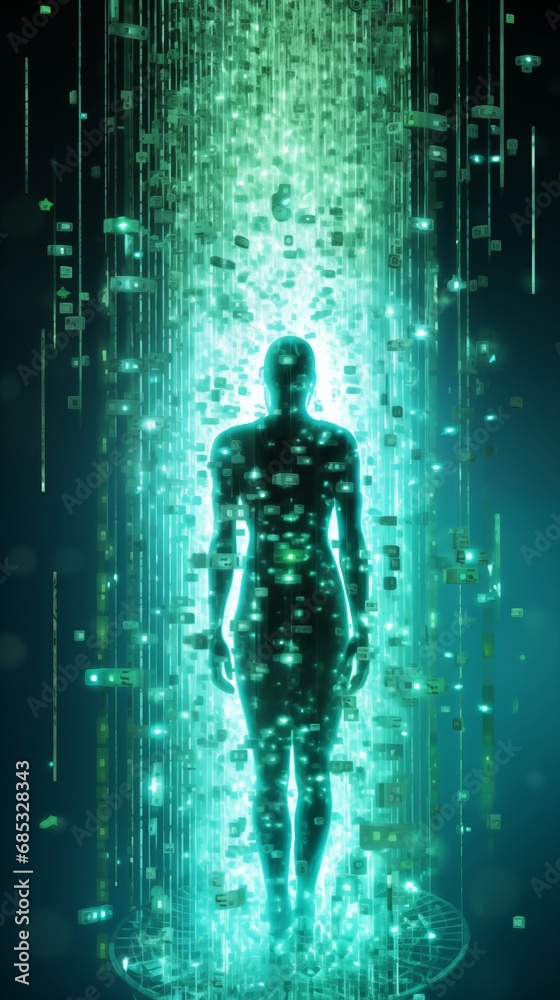 Obraz premium Digital humanoid figure, made up of binary code in a neutral pose, showcasing the fusion of humanity and code.Numbers cascade down its form 