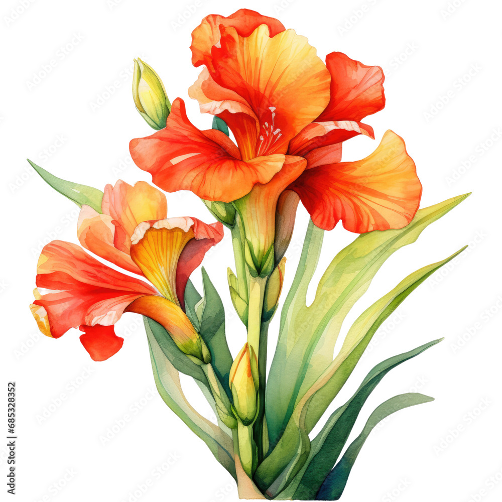 Flowers, canna, watercolor orange floweron transparent background.
