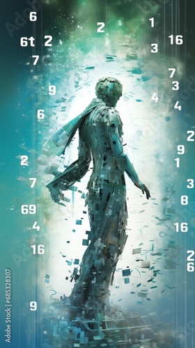 Digital humanoid figure, made up of binary code in a neutral pose, showcasing the fusion of humanity and code.Numbers cascade down its form	