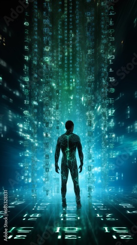 Digital humanoid figure, made up of binary code in a neutral pose, showcasing the fusion of humanity and code.Numbers cascade down its form	