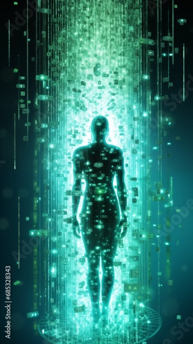 Digital humanoid figure, made up of binary code in a neutral pose, showcasing the fusion of humanity and code.Numbers cascade down its form	