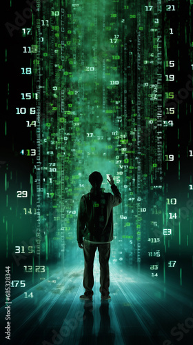 Person interacting with binary code in a neutral pose, showcasing the fusion of humanity. 