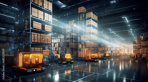 A high-tech warehouse with autonomous forklifts efficiently moving stacks of goods.