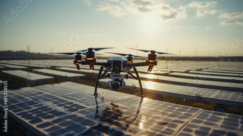 A high-tech drone inspecting a sprawling solar farm for maintenance needs. photo