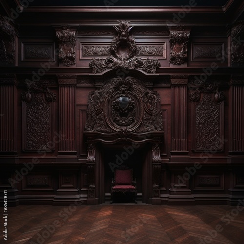 The mystique of a dark mahogany backdrop, meticulously photographed in HD, accentuating its intricate wood grains and refined details.