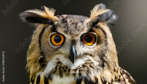 funny owl portrait against dark night background eagle owl head detail