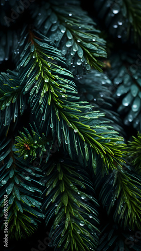 Green Christmas tree branch  Caucasian fir covered with raindrops