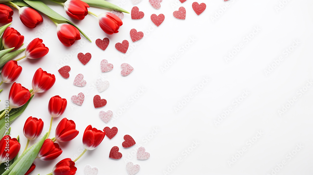 Mother's Day decorations concept. Top view photo of pink tulips and heart shaped sprinkles on isolated pastel background with copyspace