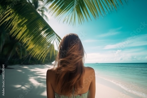 Young woman, view from the back, dressed in summer attire, stands on the beach. Coastal beauty, her hair dancing in the gentle breeze, captivated by the expansive view of the sea or ocean.