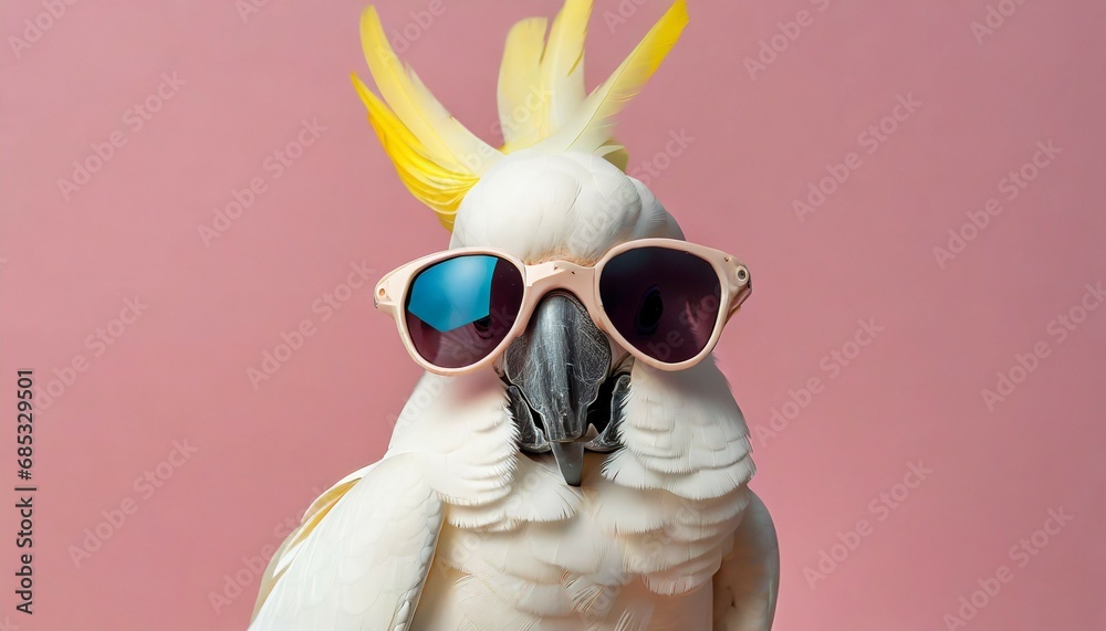 closeup of white cockatoo parrot wearing sunglasses domestic pet bird animal solid pink pastel background tropical summer vacation concept web banner funny birthday party card invitation