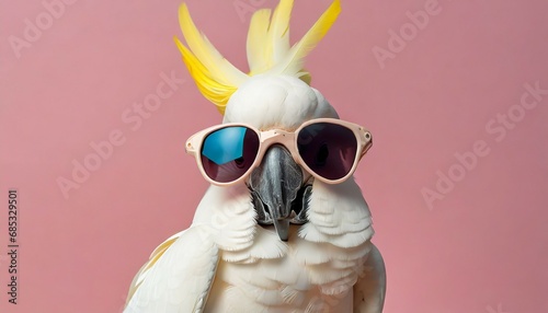 closeup of white cockatoo parrot wearing sunglasses domestic pet bird animal solid pink pastel background tropical summer vacation concept web banner funny birthday party card invitation © Richard