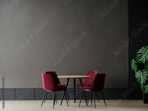 Meeting area or diningroom with round table and megenta burgundy maroon color chairs. Empty wall accent - microcement texture background plaster. Dinning modern kitchen interior. 3d render  photo