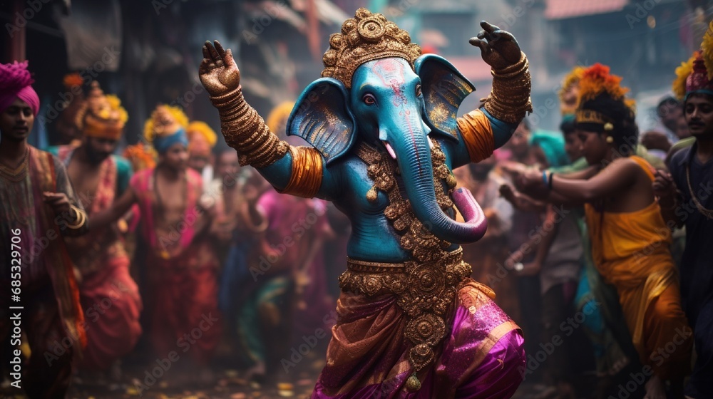 A lively dance performance during a Ganesh festival, where performers don vibrant costumes and masks to pay tribute to the deity. - obrazy, fototapety, plakaty 