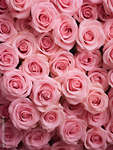 Floral background with pink roses, top view