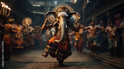 A lively dance performance during a Ganesh festival, where performers don vibrant costumes and masks to pay tribute to the deity. photo