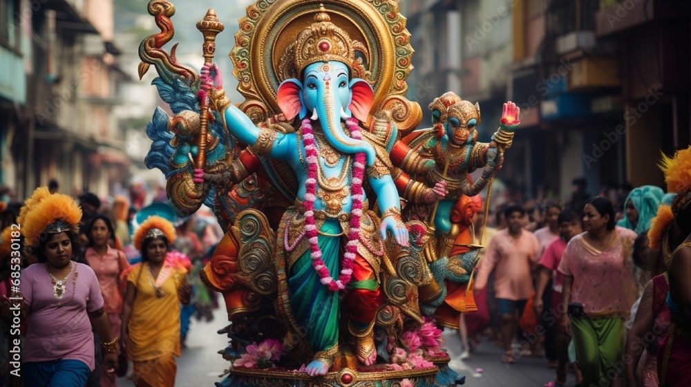 A lively street procession featuring a mobile Ganesh float, accompanied by colorful dancers and musicians.