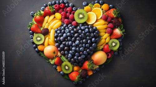 heart shape by various vegetables and fruits on black stone background photo