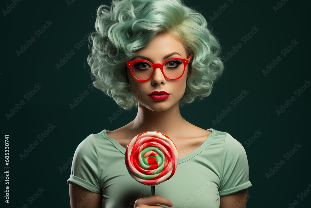 Młoda kobieta w stylowych okularach, trzymająca w ręce dużego, kolorowego lizaka.  - obrazy, fototapety, plakaty 