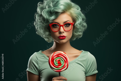 Młoda kobieta w stylowych okularach, trzymająca w ręce dużego, kolorowego lizaka. 