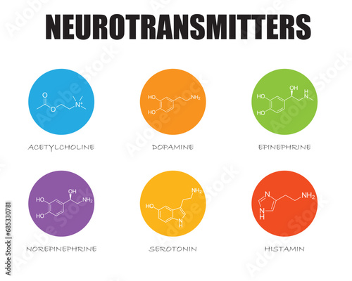neurotransmitters types, formulas on bubbles, structures