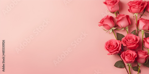 Pink roses on pink background with copy space