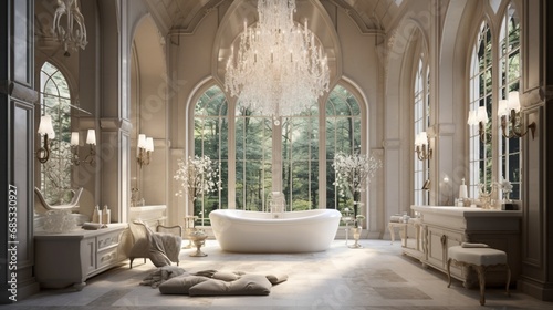 A luxurious bathroom with a crystal chandelier hanging from its high, vaulted ceiling.