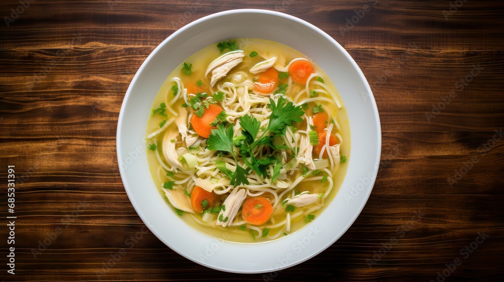 aerial view of chicken noodle soup on a kitchen counter, food photography 