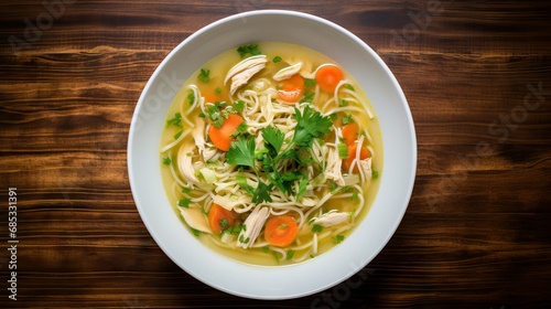 aerial view of chicken noodle soup on a kitchen counter, food photography 