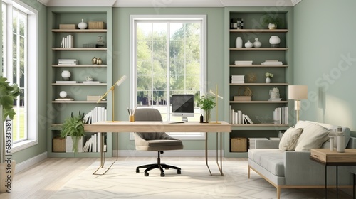sage green home office with shelves and a desk, interior to work from home photo