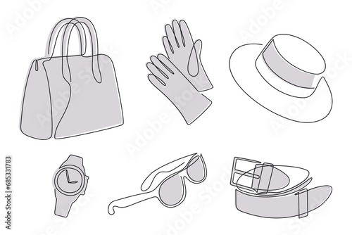 Women's accessories drawn in one continuous line in color. One line drawing, minimalism. Vector illustration.