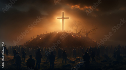 Persons walking to the safety of the Cross on a mountain