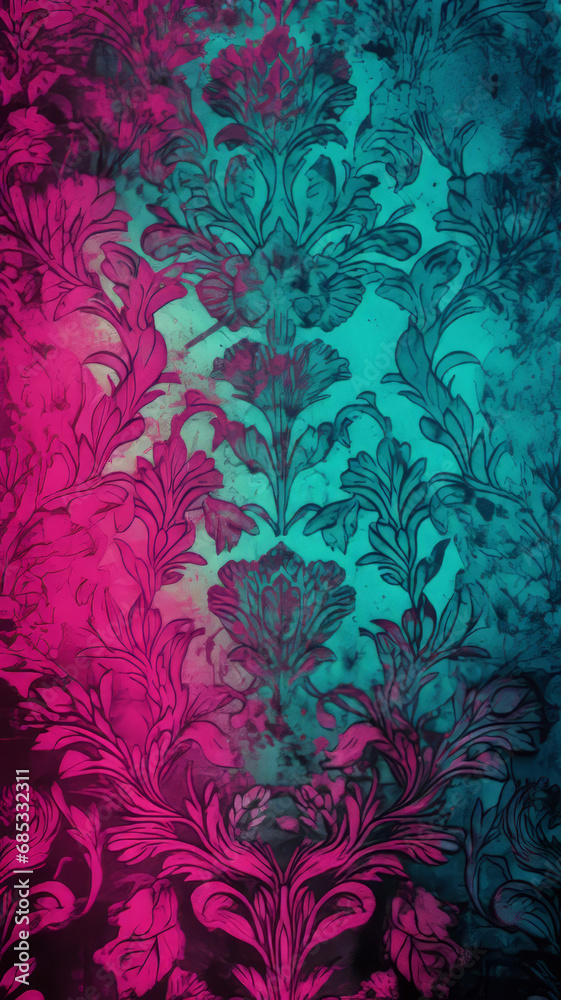 Abstract cyan and magenta ornament background. Floral stencil texture pattern