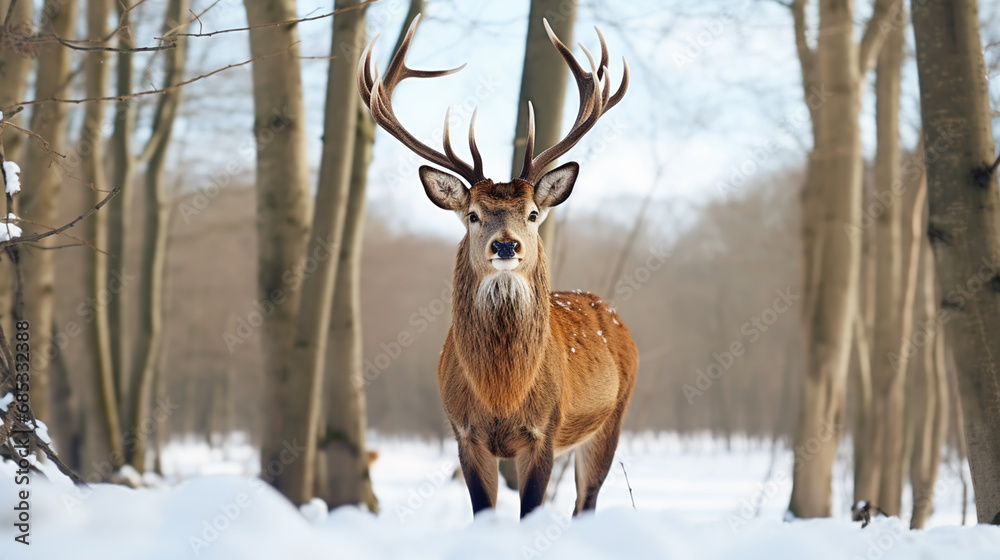 Straight on close up of a white-tailed deer standing in the snow Straight on close up of a white-tailed deer standing in the snow