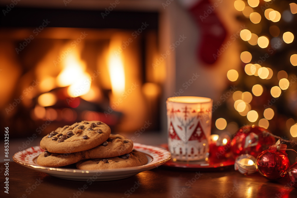 Cozy christmas room at night with glass of milk and cookies prepared for the Santa Claus