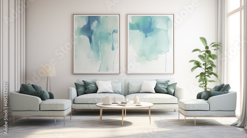 A minimalist living room with abstract, watercolor-inspired wall paintings in shades of blue and green.