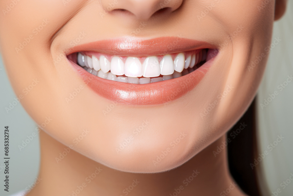 Obraz premium Closeup of beautiful female smile with healthy teeth. Studio shot.