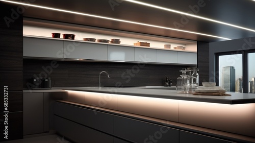 A modern kitchen with a dropped ceiling that incorporates innovative LED strip lighting.