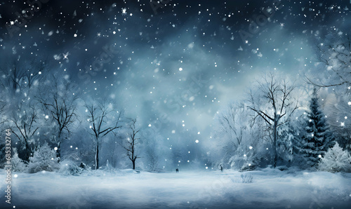 Winter landscape, mountains and forests covered with snow, falling snow and Christmas lights in the snow, Christmas graphic, illustration suitable for advertising banner or Christmas greeting card © Cris