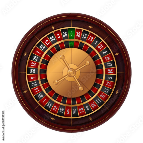 Casino gambling roulette, risky game, lucky betting. Fortune entertainment, vegas leisure. Round wheel. Red, black and green spots. Isolated on white background. Vector illustration