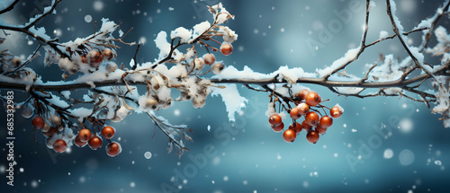 Frosted, icy tree branch covered with snow in the background it is snowing and winter, Christmas graphic, illustration suitable for advertising banner or Christmas greeting card
