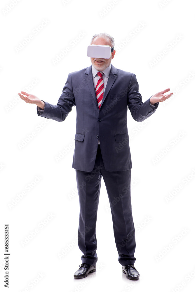 Old businessman wearing virtual glasses isolated on white Old businessman wearing virtual glasses isolated on white