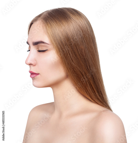 Young woman with natural make-up and long blonde hair. Isolated on white background.