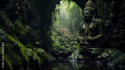 A mystical cave deep within the mountains, housing an ancient Ganesh idol, hidden from the world for centuries. photo