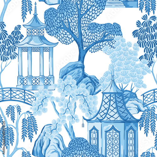 Blue Chinese pagoda and trees seamless pattern. Chinoiserie wallpaper. photo